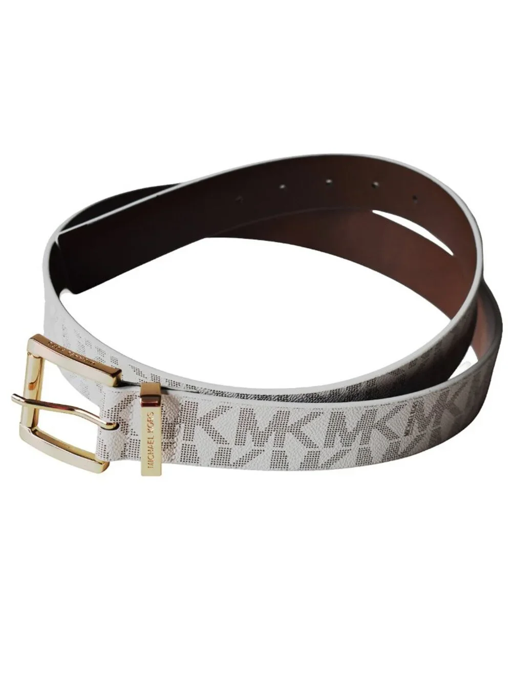 Michael Kors Women’s Belt Logo Monogram Cream Faux Leather Gold-Tone Buckle XL